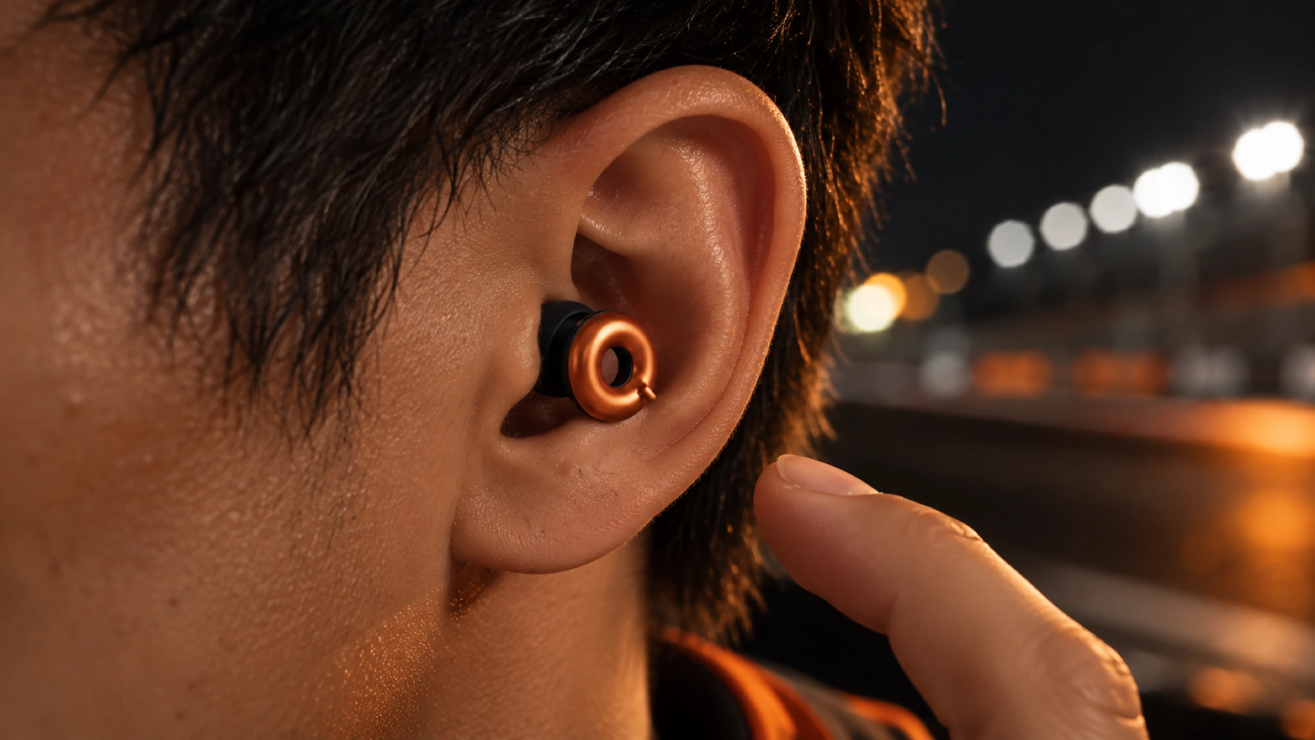 Loop earplug worn at the circuit
