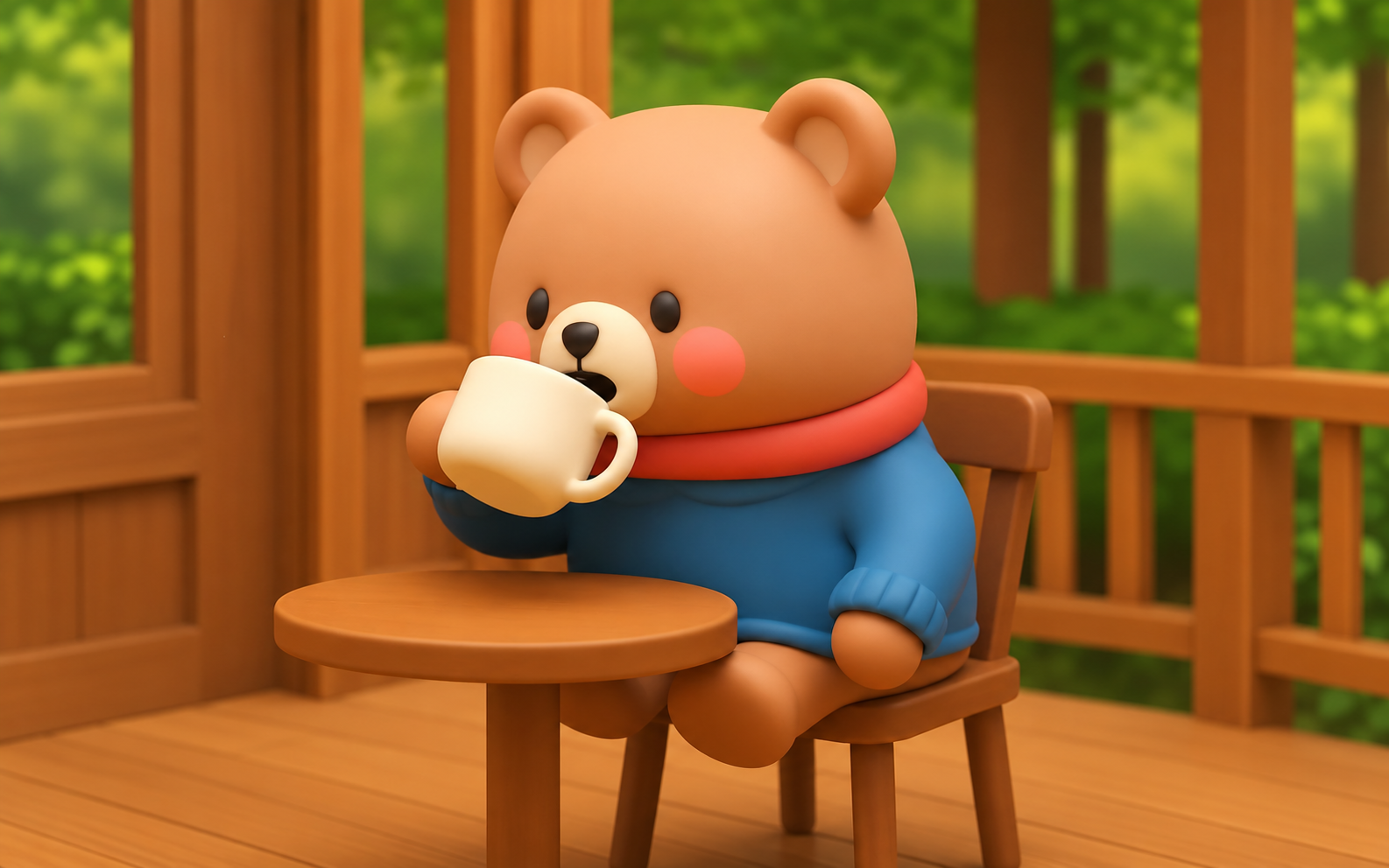 A 3D bear holding a mug at a café — Runway animation experiment